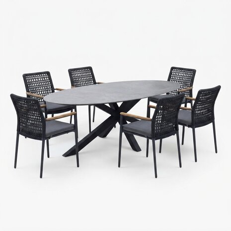 AVH-Collectie Puccini Salta dining tuinset 220x120xH75 cm 7 delig antraciet keramiek AVH-Collectie Puccini Salta dining tuinset 220x120xH75 cm 7 delig antraciet keramiek
