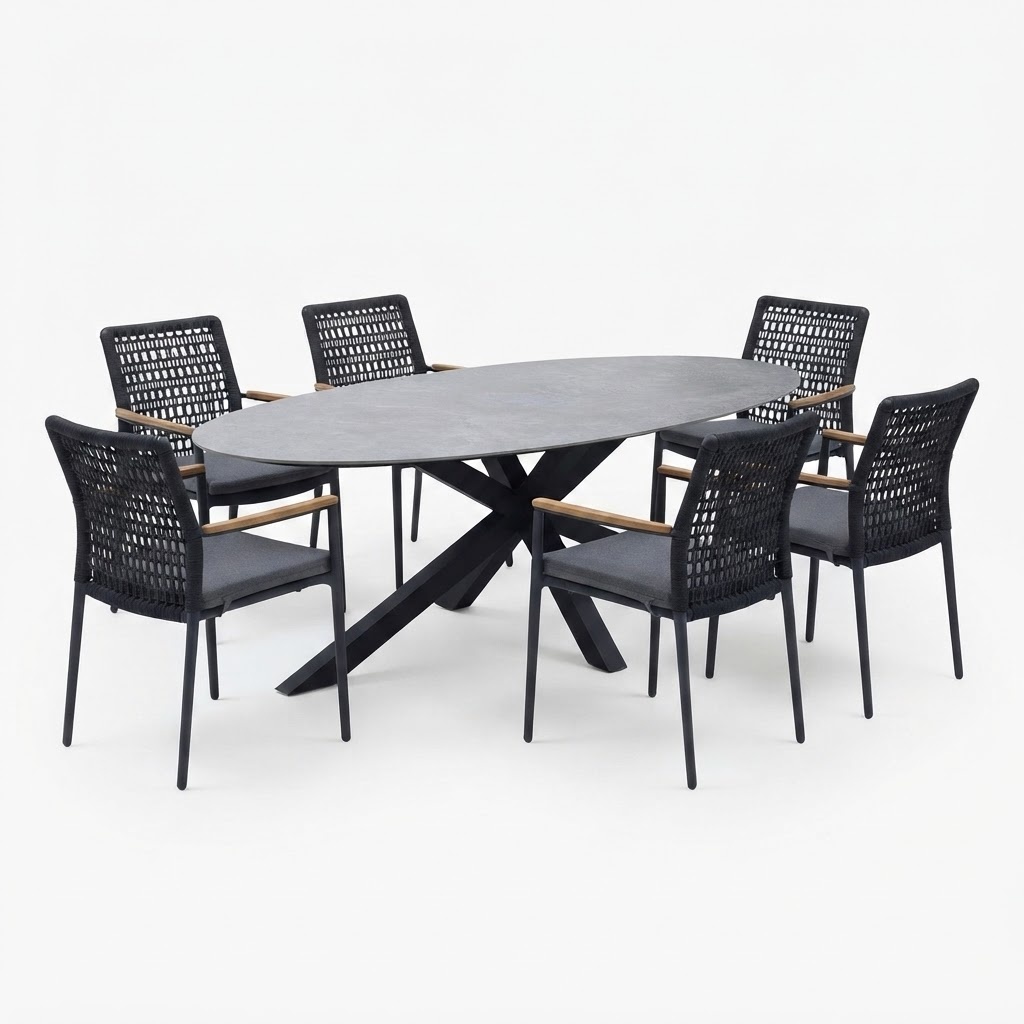 AVH-Collectie Puccini Salta dining tuinset 220x120xH75 cm 7 delig antraciet keramiek
