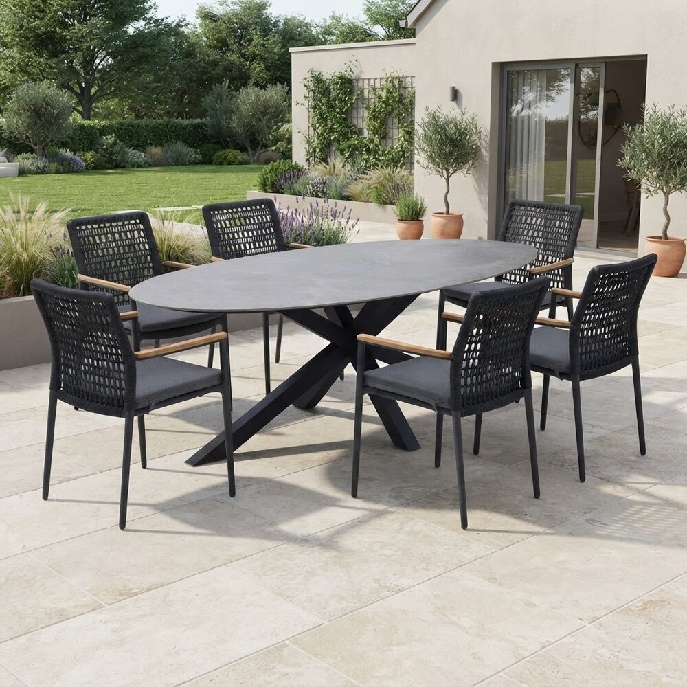 AVH-Collectie Puccini Salta dining tuinset 220x120xH75 cm 7 delig antraciet keramiek AVH-Collectie Puccini Salta dining tuinset 220x120xH75 cm 7 delig antraciet keramiek