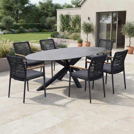 AVH-Collectie Puccini Salta dining tuinset 220x120xH75 cm 7 delig antraciet keramiek AVH-Collectie Puccini Salta dining tuinset 220x120xH75 cm 7 delig antraciet keramiek