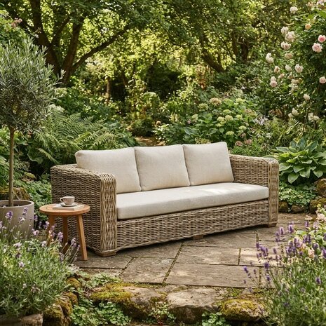 AVH-Collectie Nissah 3-zitsbank naturel rotan off-white kussens