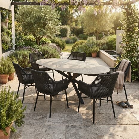 AVH-Collectie Puccini Chianti dining tuinset 220x120xH75 cm 7 delig antraciet keramiek AVH-Collectie Puccini Chianti dining tuinset 220x120xH75 cm 7 delig antraciet keramiek
