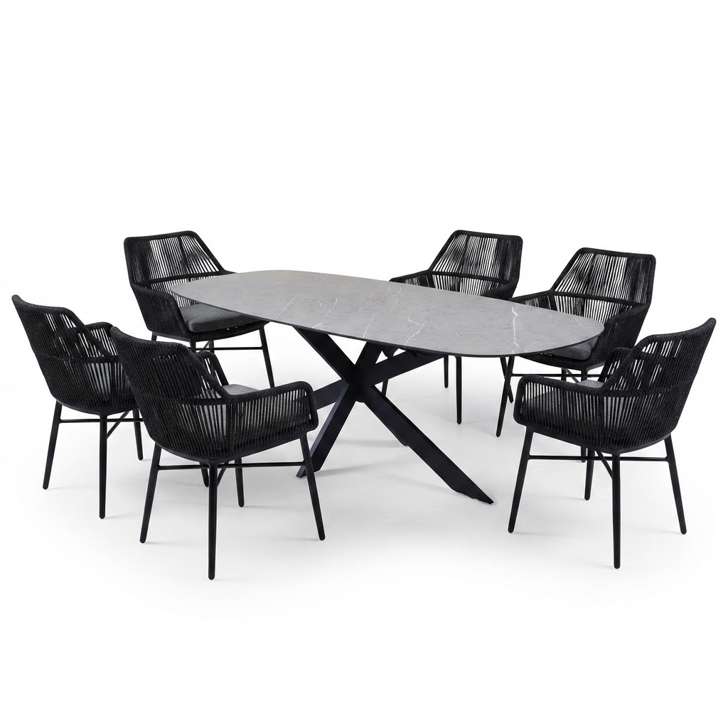 AVH-Collectie San Francisco Chianti dining tuinset 240x100xH76 cm 7 delig antraciet keramiek