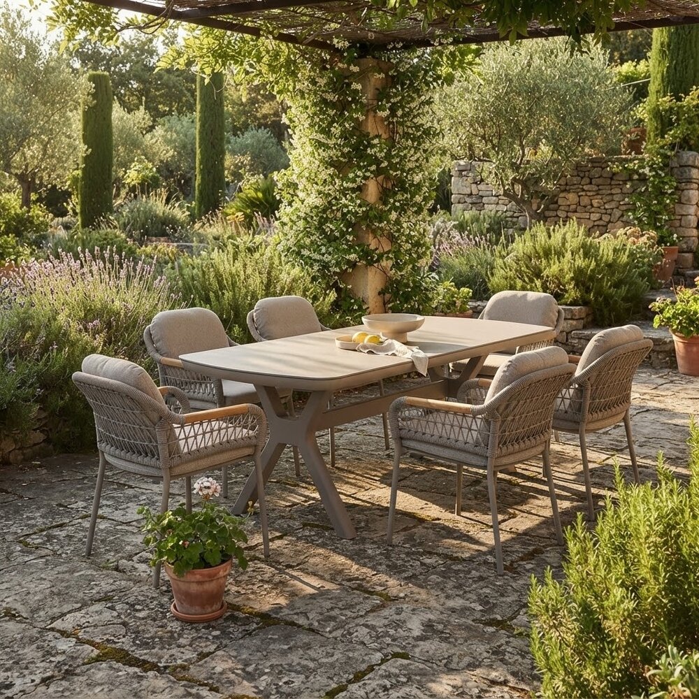 AVH-Collectie Vespera Monza dining tuinset 220x100xH74 cm 7 delig latte keramiek AVH-Collectie Vespera Monza dining tuinset 220x100xH74 cm 7 delig latte keramiek
