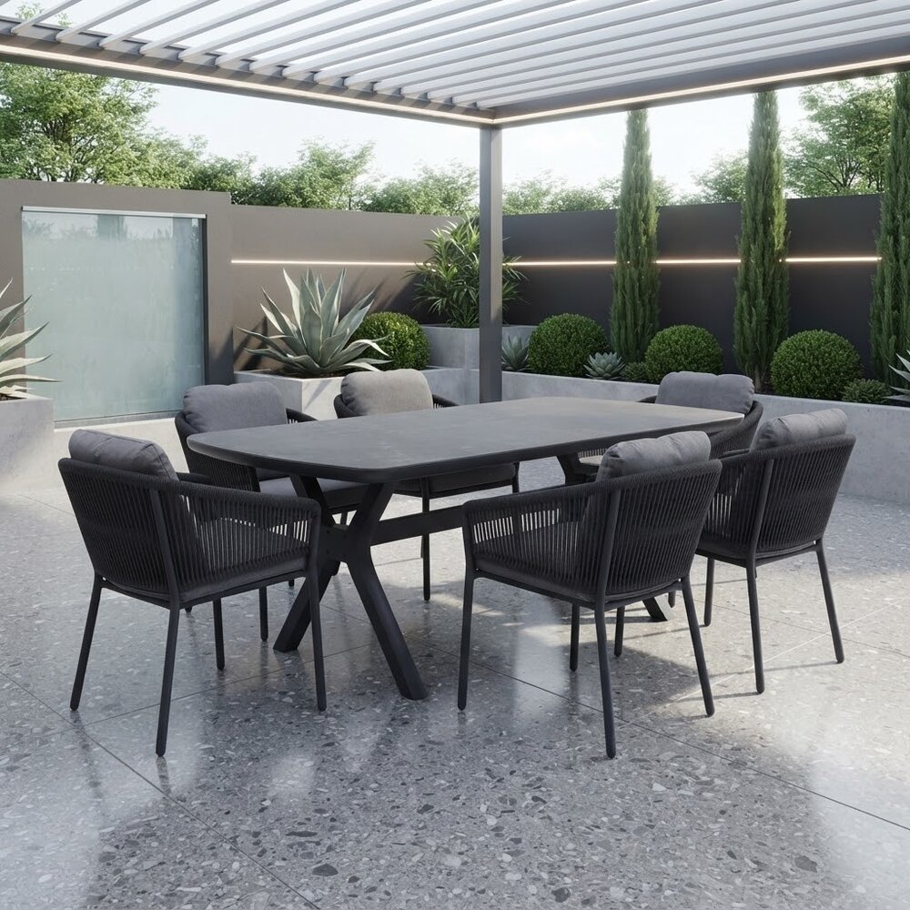 AVH-Collectie Vespera Joshua dining tuinset 220x100xH74 cm 7 delig antraciet keramiek AVH-Collectie Vespera Joshua dining tuinset 220x100xH74 cm 7 delig antraciet keramiek