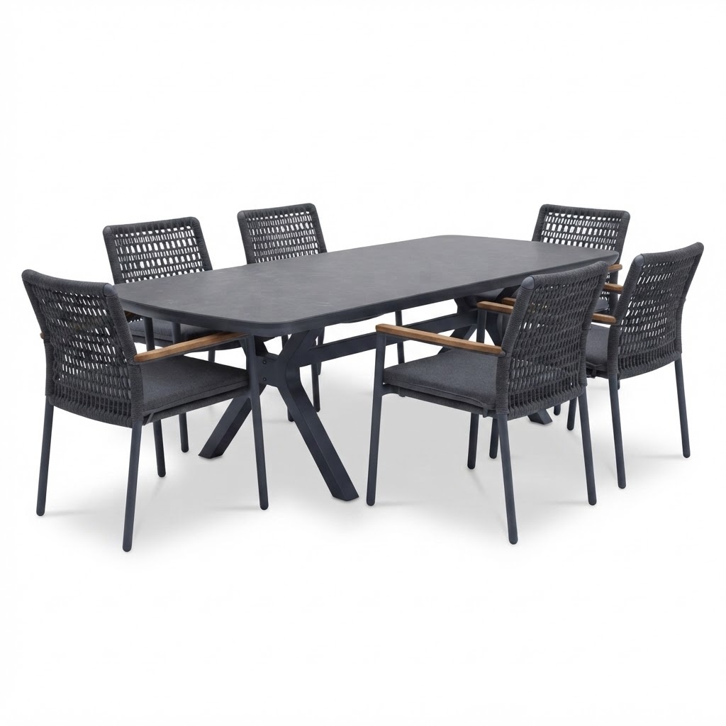AVH-Collectie Vespera Salta dining tuinset 220x100xH74 cm 7 delig antraciet keramiek