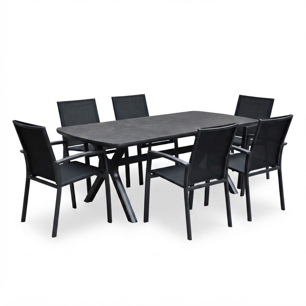 AVH-Collectie Vespera Malaga dining tuinset 220x100xH74 cm 7 delig antraciet keramiek