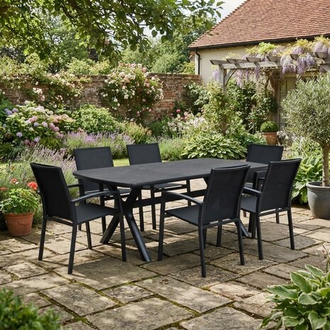 AVH-Collectie Vespera Malaga dining tuinset 220x100xH74 cm 7 delig antraciet keramiek AVH-Collectie Vespera Malaga dining tuinset 220x100xH74 cm 7 delig antraciet keramiek