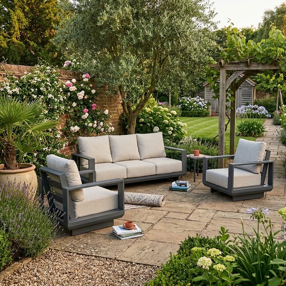 AVH-Collectie Avellino stoel bank loungeset 3 delig antraciet aluminium soft grey AVH-Collectie Avellino stoel bank loungeset 3 delig antraciet aluminium soft grey