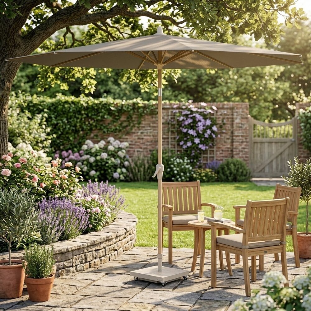 Platinum Riva parasol 250 cm rond teak mast taupe met kniksysteem Platinum Riva parasol 250 cm rond teak mast taupe met kniksysteem