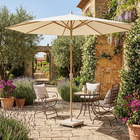 Platinum Riva parasol 250 cm rond teak mast ecru met kniksysteem Platinum Riva parasol 250 cm rond teak mast ecru met kniksysteem