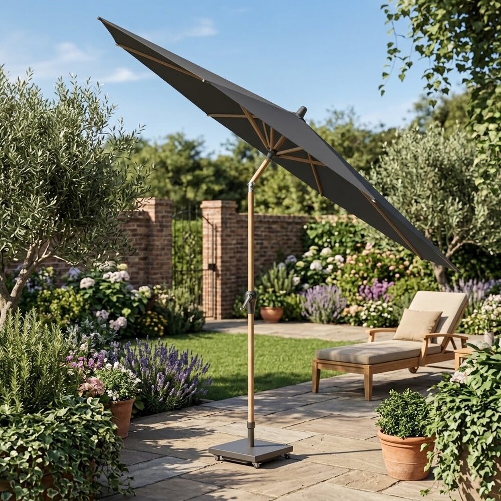 Platinum Riva parasol 250 cm rond teak mast antraciet met kniksysteem Platinum Riva parasol 250 cm rond teak mast antraciet met kniksysteem