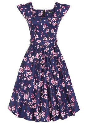 Lady V London Lady Vintage 1950s Cherry Blossom Navy Swing Dress