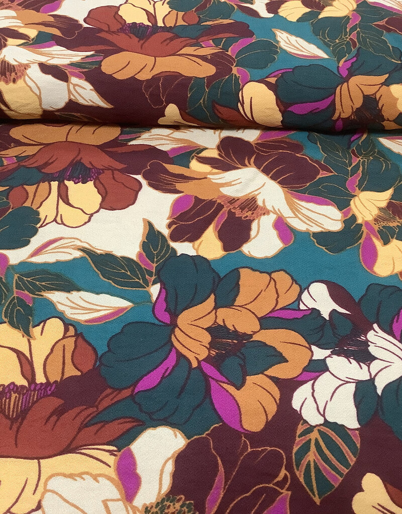 Crepe bloemen petrol/bruin