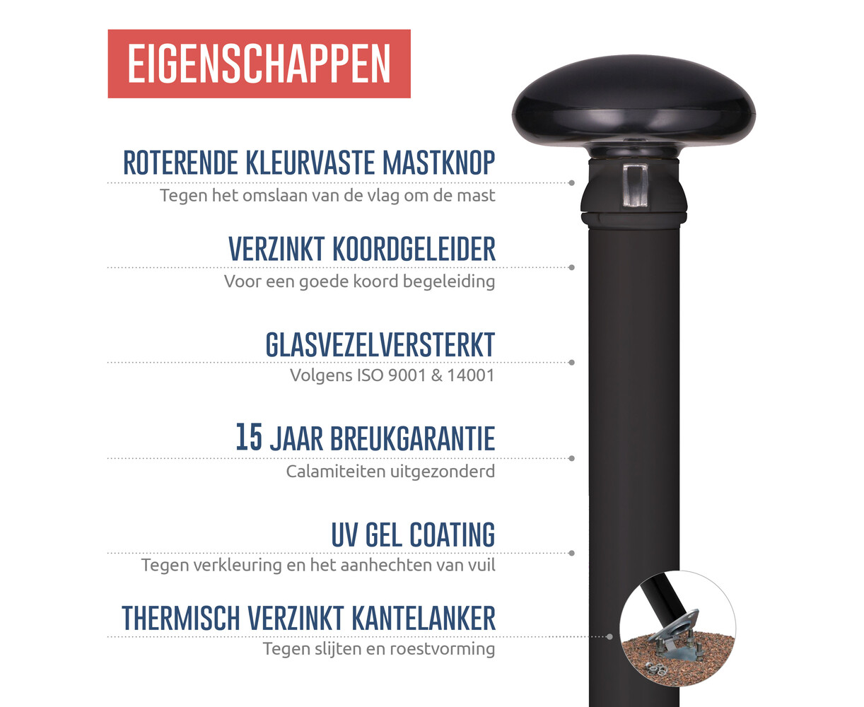 Polyester vlaggenmast conisch 8 meter zwart