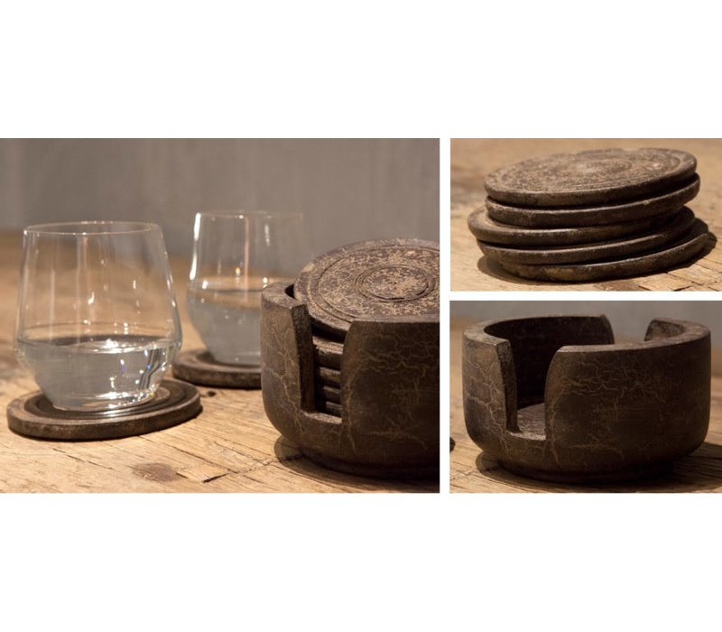 Luidspreker Logisch markering Ronde houten onderzetters met houder Old grey - Lifestyle By Leonie