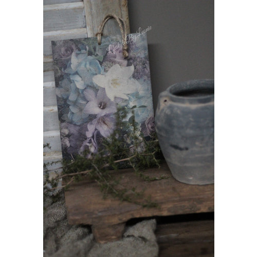 Houten bordje bloemen pastel blauw/paars 