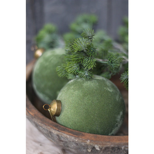 Kerstbal Velvet glas Olive green 10 cm 