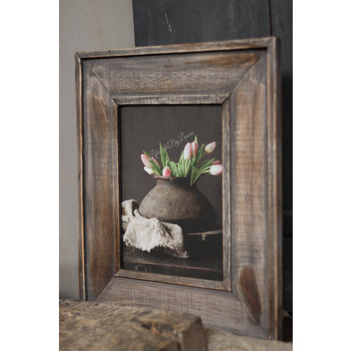 Sober bord Tulpen in kruik met houten lijst 45 x 40 cm 
