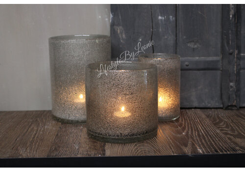 Cilinder windlicht Dew grey bubbels 15 x 20 cm
