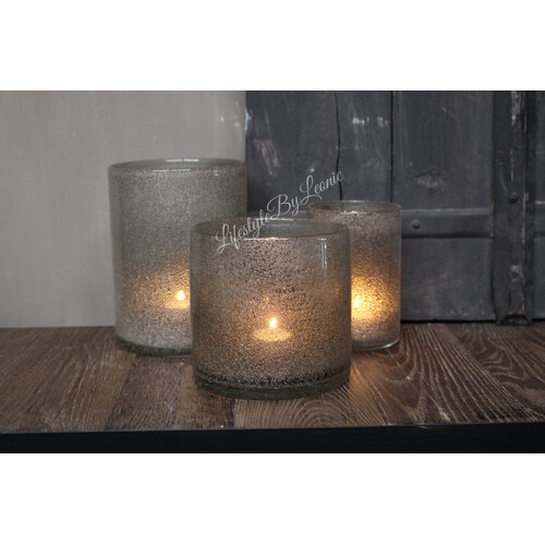 Cilinder windlicht Dew grey bubbels 15 x 20 cm 