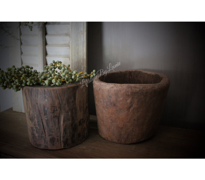 Ronde houten vijzel bak/pot 25 x 25 cm