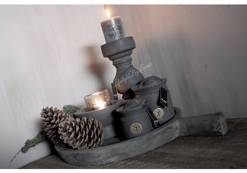 Oude schaal met handvat black wash 50 cm