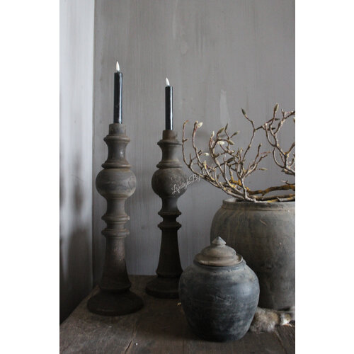 Houten kandelaar dinerkaars Maya grey/brown wash 43 cm 