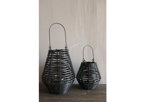 Windlicht zwart rotan look Julide 17 cm