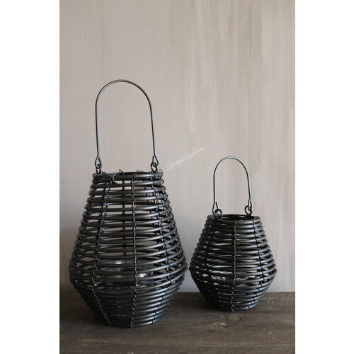 Windlicht zwart rotan look Julide 17 cm 