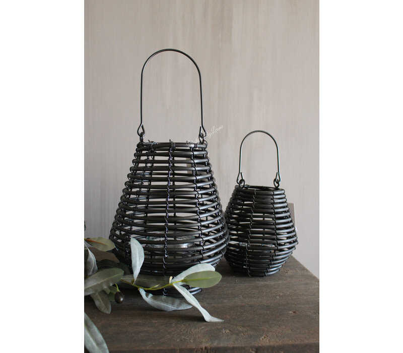 Windlicht zwart rotan look Julide 17 cm