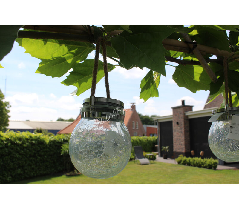 Ronde glazen solar lamp met touw 15 cm