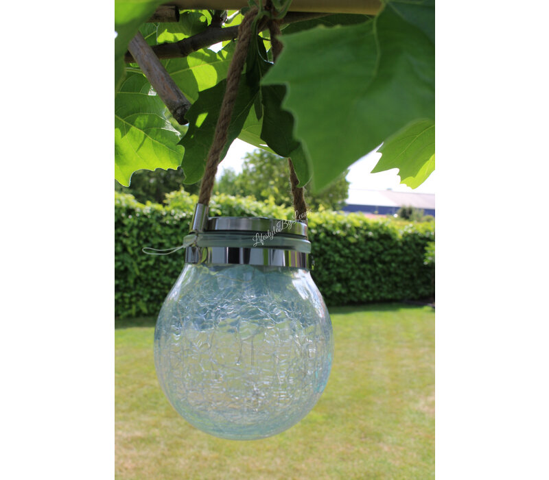 Ronde glazen solar lamp met touw 15 cm