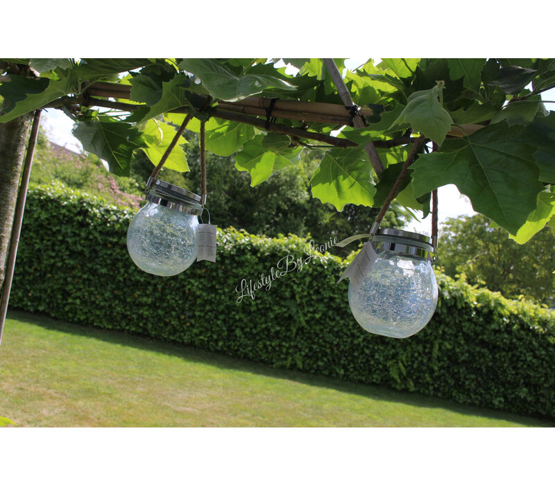 Ronde glazen solar lamp met touw 15 cm