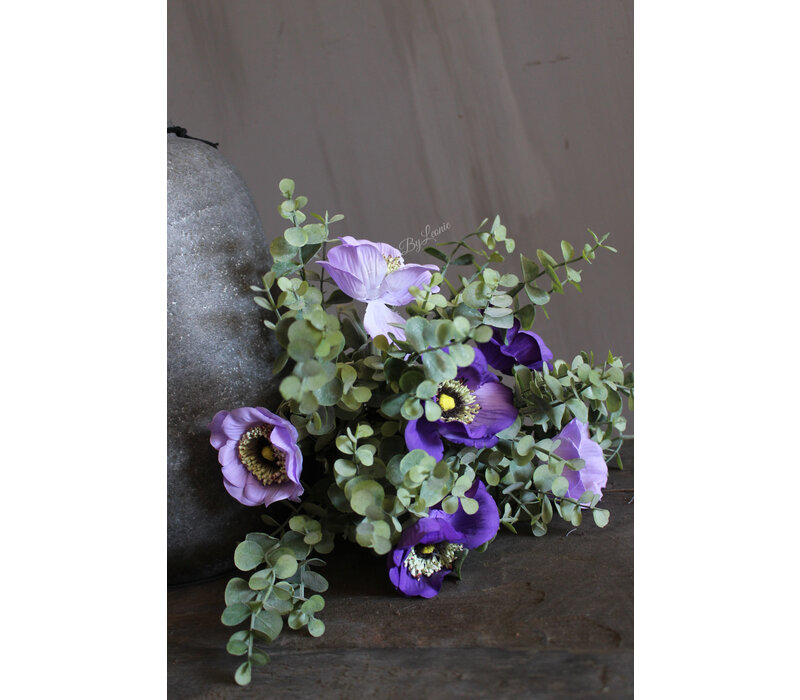 Zijden boeketje Eucalyptus en paarse Anemoon