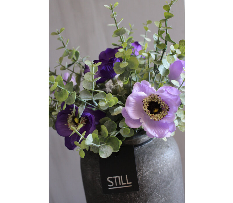 Zijden boeketje Eucalyptus en paarse Anemoon
