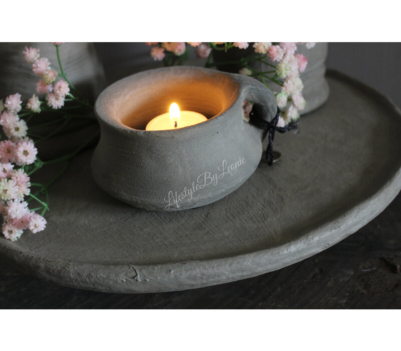 Stenen waxinelichthouder met oor Organic grey 12 cm