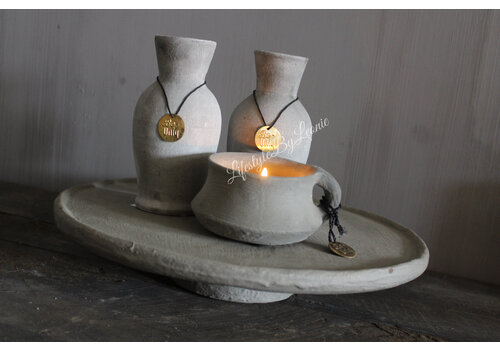 Stenen waxinelichthouder met oor Organic grey 12 cm