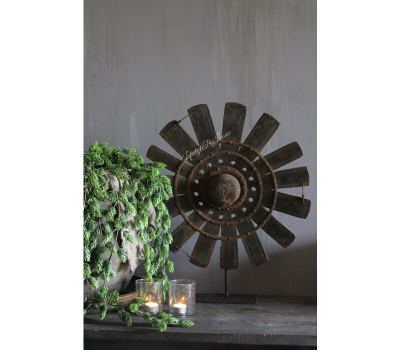 Oude houten wiel / waaier op voet