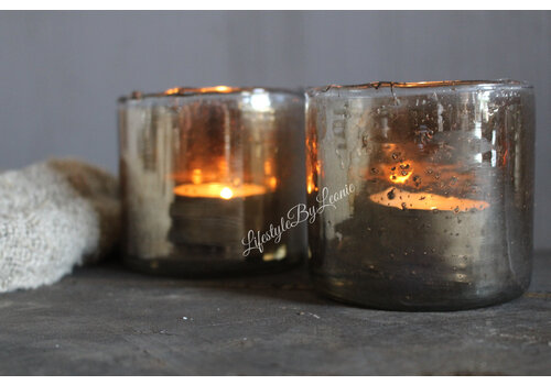 Glazen cilinder windlicht bubbels Antique gold 7 cm