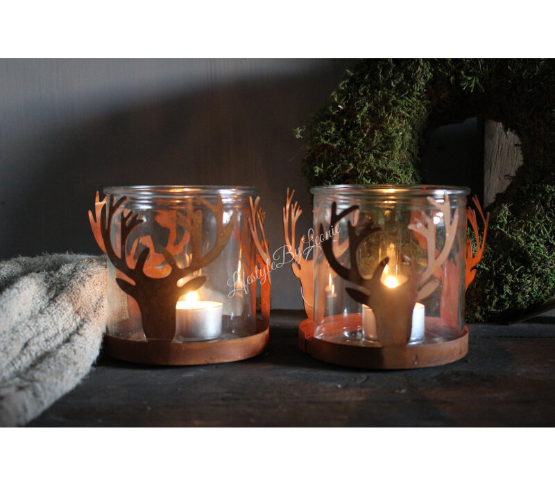 Roestig windlicht hert Forest 10 x 10 cm