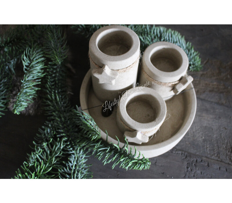 Brynxz schaal met 3 waxinelichthouders star Taupe 17 cm