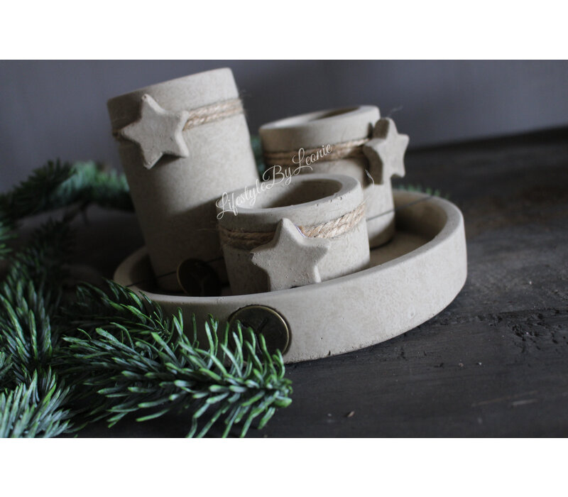 Brynxz schaal met 3 waxinelichthouders star Taupe 17 cm