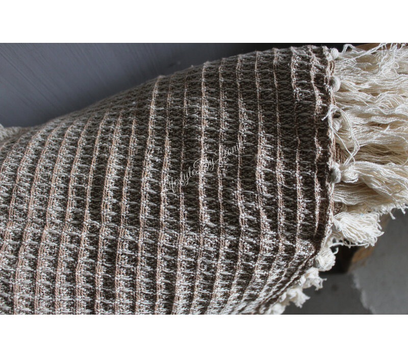 Plaid katoen Espresso beige franje 180x130cm