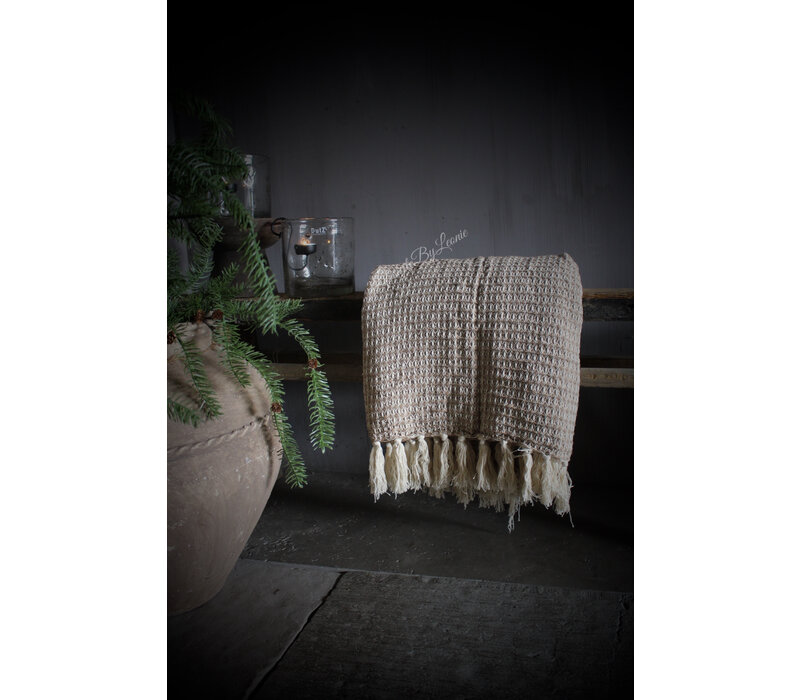 Plaid katoen Espresso beige franje 180x130cm