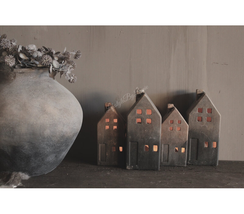 Stenen huisje kandelaar Reuben grey/brown 20 cm