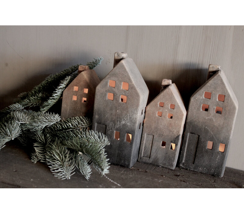 Stenen huisje kandelaar Reuben grey/brown 17 cm