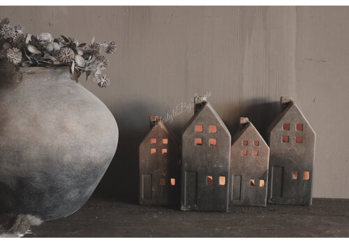 Stenen huisje kandelaar Reuben grey/brown 17 cm