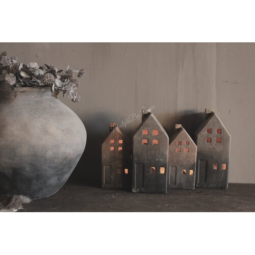 Stenen huisje kandelaar Reuben grey/brown 17 cm 