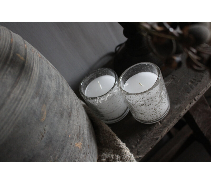 Cilinder windlicht steenslag + kaars 7x8cm